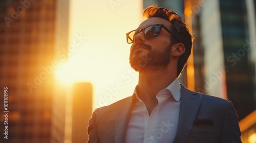 rich successful businessman standing confidently in a modern urban city at sunset contemplating future investments and new opportunities in the business world photo