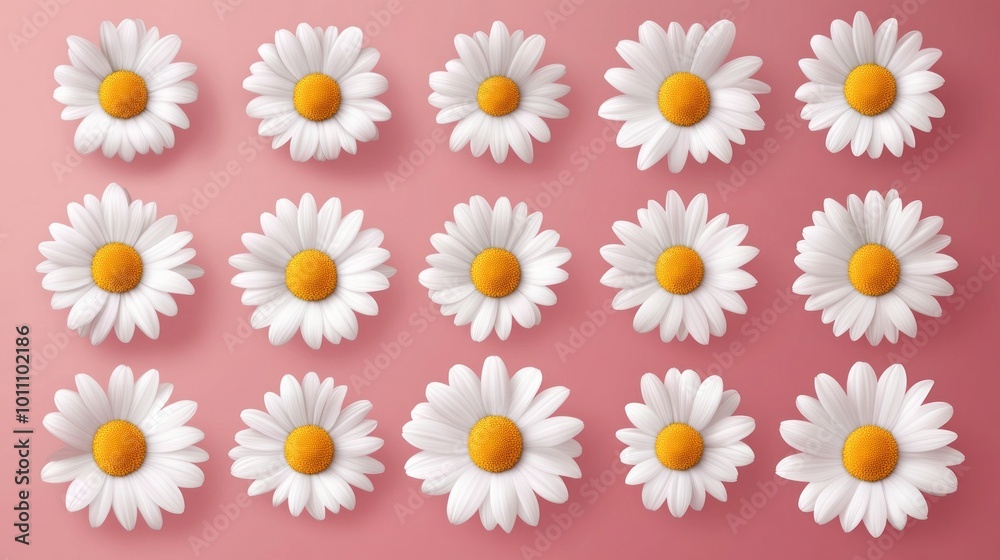 Set of daisy flower icons isolated on pink background, vector illustration featuring simple and elegant floral designs, perfect for spring-themed projects, graphic design elements, greeting cards, and Set of daisy flower icons isolated on pink background, vector illustration featuring simple and elegant floral designs, perfect for spring-themed projects, graphic design elements, greeting cards, and