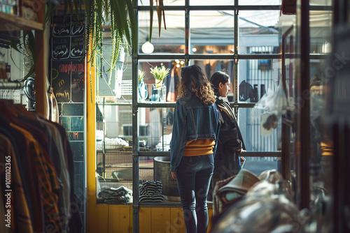 Two young women browse clothing in a second-hand boutique, surrounded by racks of vibrant outfits. The scene captures casual shopping in a relaxed, artistic environment.