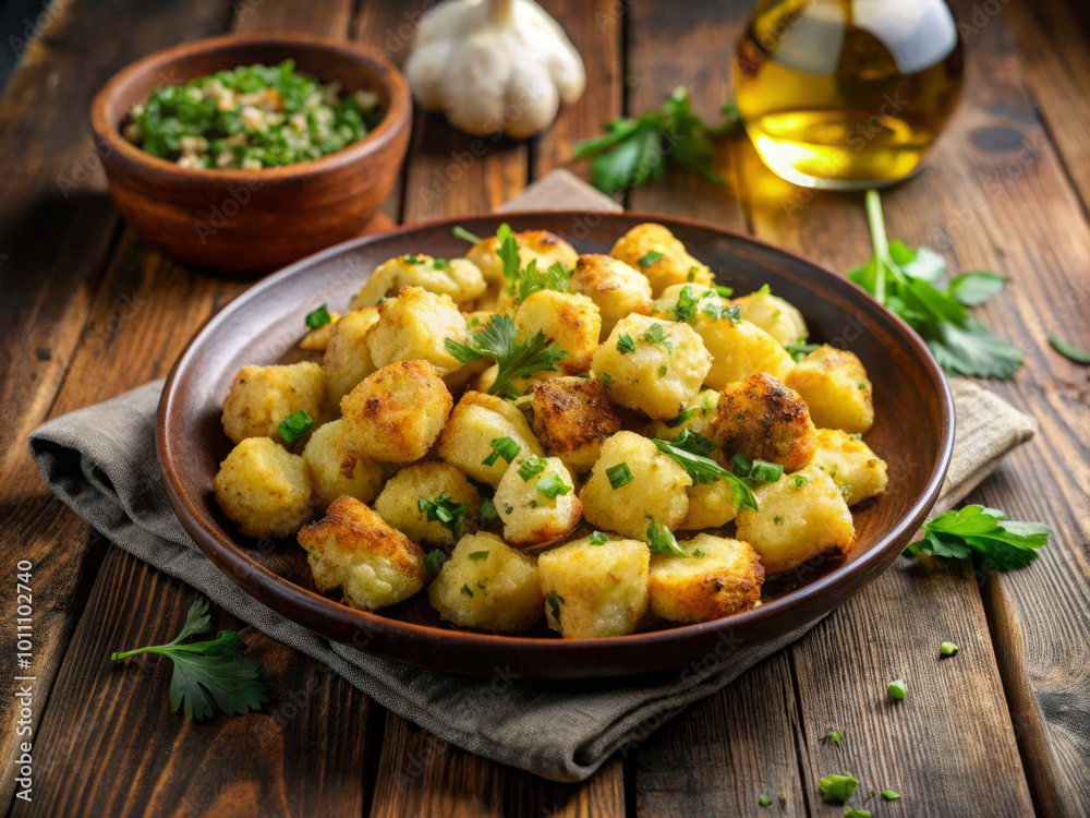 Crispy air fried cauliflower gnocchi served on rustic plate, garnished with fresh herbs, alongside bowl of green sauce and garlic. delightful vegan dish! Crispy air fried cauliflower gnocchi served on rustic plate, garnished with fresh herbs, alongside bowl of green sauce and garlic. delightful vegan dish!