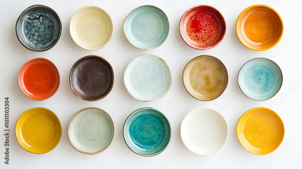 Brightly colored plates stand out against a plain white backdrop.
