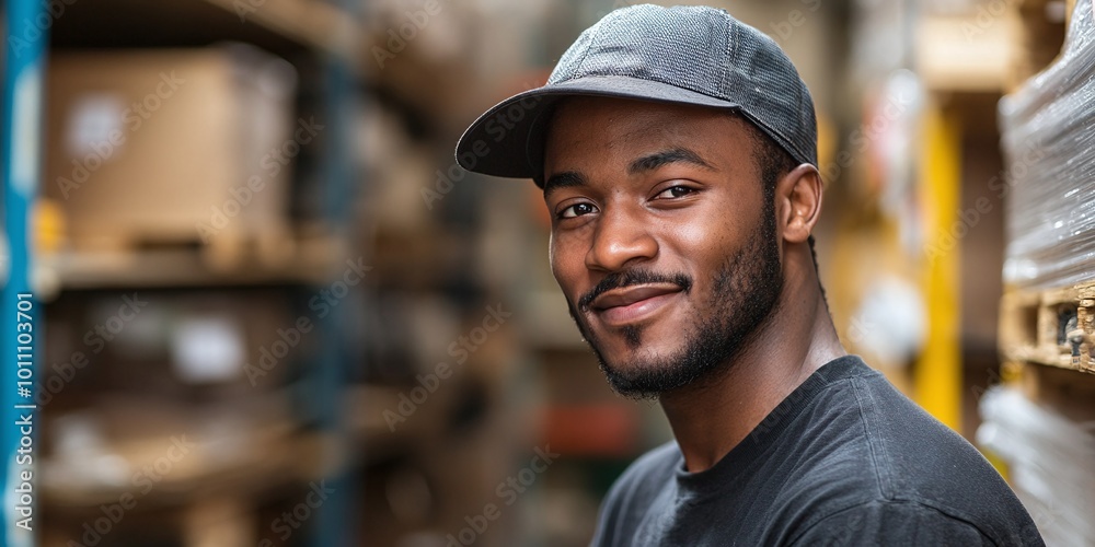 logistics worker posing and smiling at the camera in a warehouse environment showcasing productivity and confidence at work logistics worker posing and smiling at the camera in a warehouse environment showcasing productivity and confidence at work