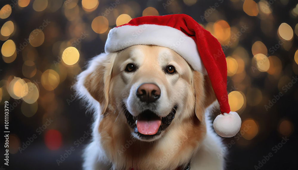 Golden Retriever wearing Santa's red hat, dark blurred background. Cute pet. Adorable dog. Golden Retriever wearing Santa's red hat, dark blurred background. Cute pet. Adorable dog.
