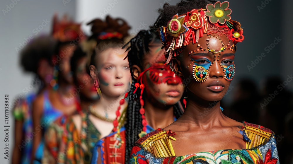 A fashion runway showcasing models from different cultural backgrounds wearing avant-garde designs. A fashion runway showcasing models from different cultural backgrounds wearing avant-garde designs.