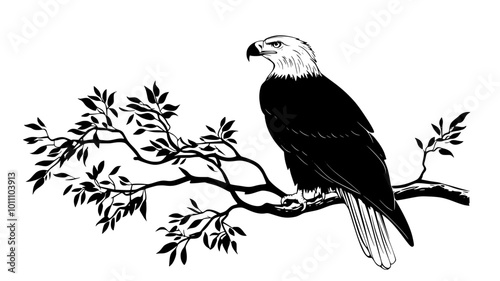 Eagle perched on a branch, wings folded, surveying its surroundings, vector illustration art