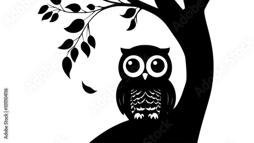 Owl sitting in a tree hollow, head poking out, observing surroundings, vector illustration art