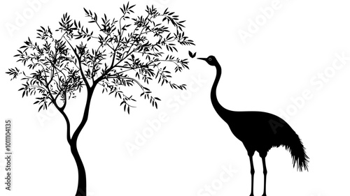 Ostrich stretching its neck upward, reaching for leaves on a tall tree, vector illustration art