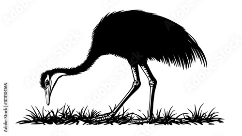 Ostrich digging into the ground with its beak, searching for food, vector illustration art