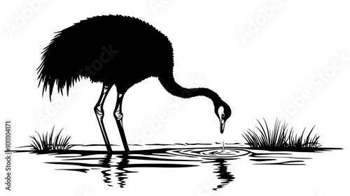 Ostrich stands by a waterhole, dipping its beak into the water for a drink, vector illustration art