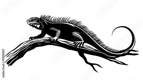 Iguana sitting on a branch, legs gripping the wood while tail hangs down, vector illustration art