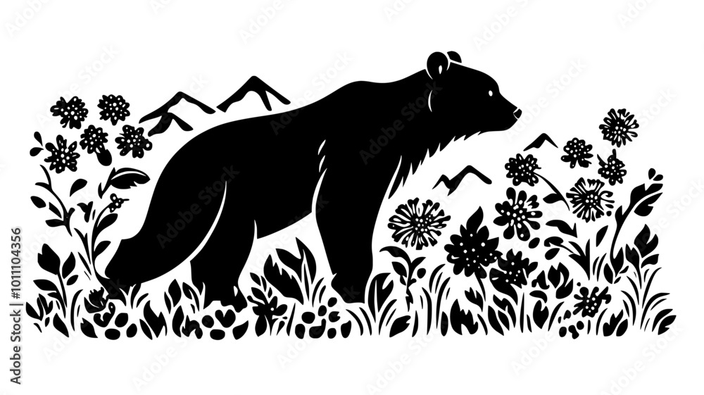 Fototapeta premium Bear foraging for berries in mountain meadow clearing, vector illustration art