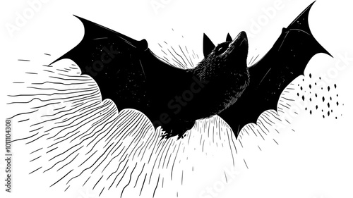 Bat using echolocation with sound waves visible in illustration, vector illustration art