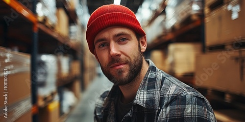 logistics worker posing and smiling at the camera in a warehouse environment showcasing productivity and confidence at work photo