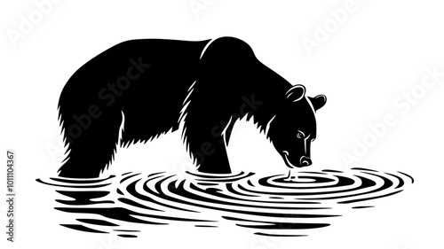 Bear drinking from a stream, with ripples around its mouth, vector illustration art