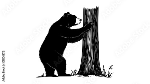 Bear marking territory by clawing and rubbing tree trunk, vector illustration art
