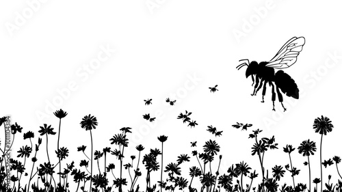 A bee carries pollen on its legs as it moves between flowers in a field, vector illustration art