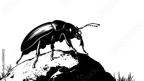 A beetle crawls across a rock, moving in a deliberate, steady rhythm, vector illustration art
