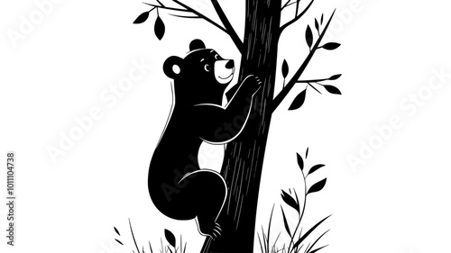 Black bear climbing a tree trunk in a forest setting, vector illustration art