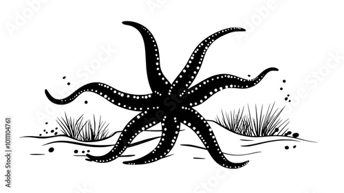 A brittle star stretches its arms while navigating a sandy seabed, vector illustration art