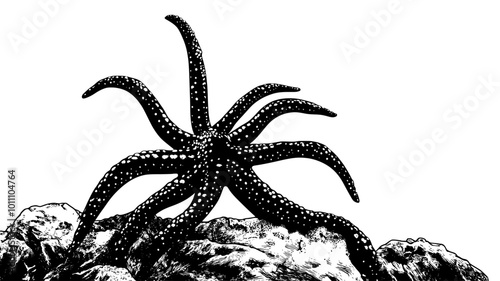 A brittle star rests on a rocky surface, arms extended outward, vector illustration art