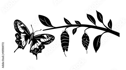 Butterfly emerging from chrysalis hanging from a plant stem, vector illustration art
