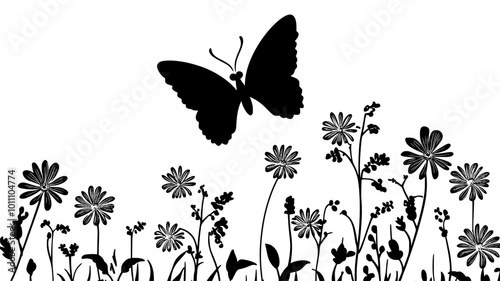 A butterfly flies across a garden, navigating through the open air between blossoms, vector illustration art