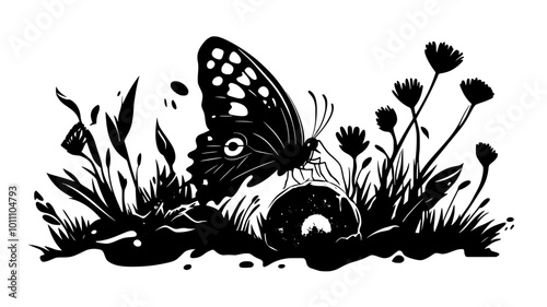 Butterfly feeding on rotting fruit on forest floor, vector illustration art