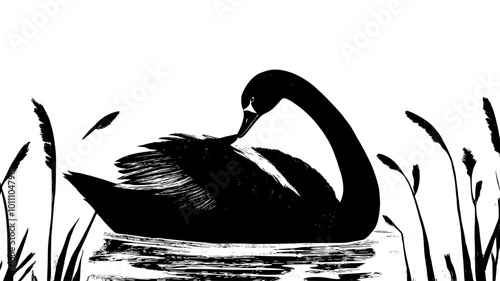 Black swan preening feathers at edge of lake, vector illustration art