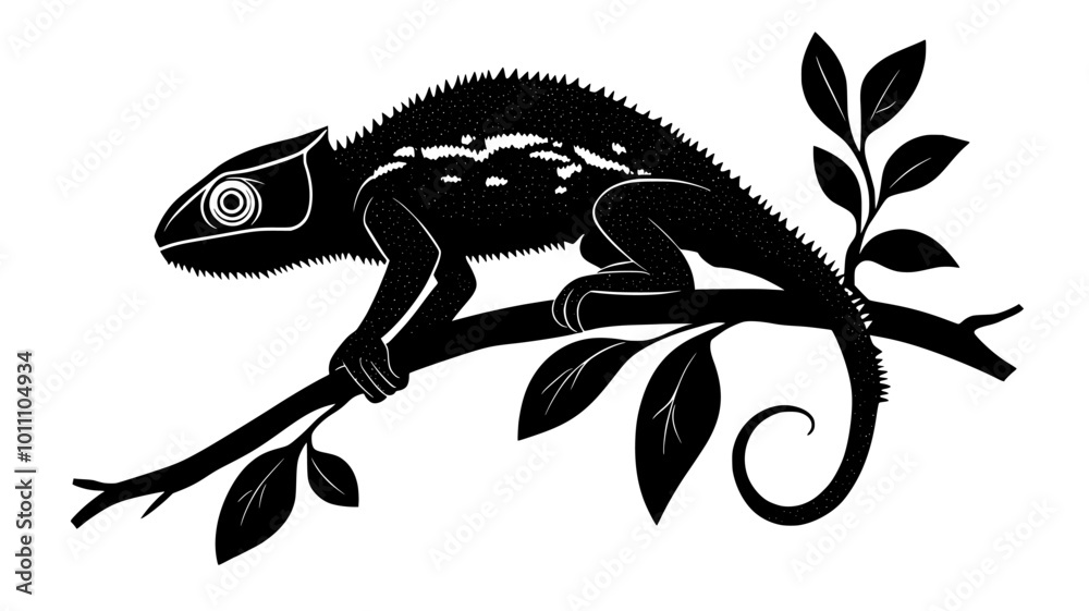 Fototapeta premium Chameleon swaying along a branch, vector illustration art