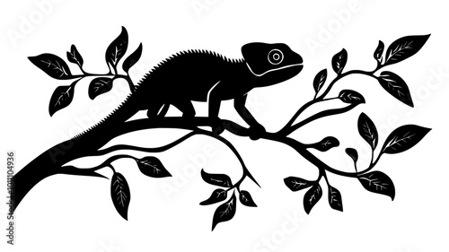 Chameleon climbing tree branch, moving slowly with careful foot placement, vector illustration art