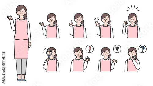 エプロンを着用した女性　表情とポーズのバリエーション　セット