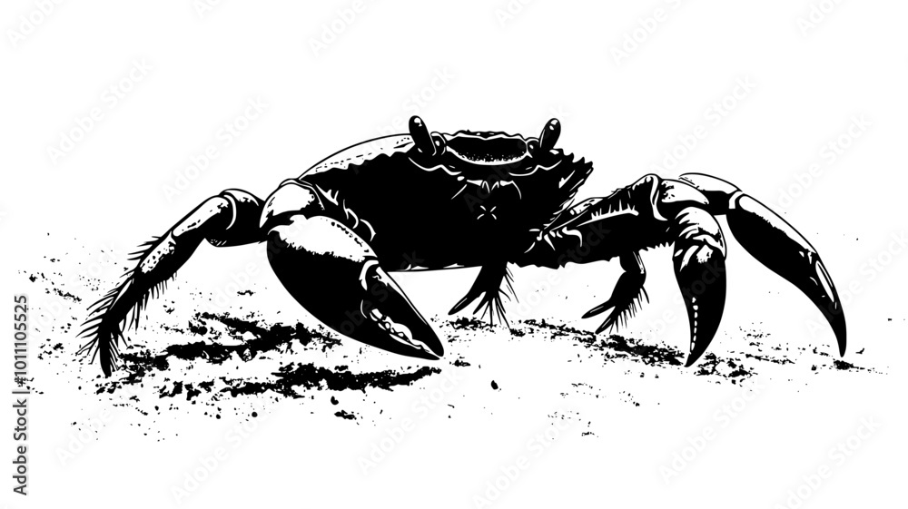 Crab walking sideways on sandy surface with claws raised, vector illustration art