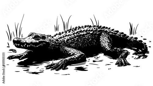 Crocodile lying on its stomach in a swamp, body covered in wet mud, vector illustration art