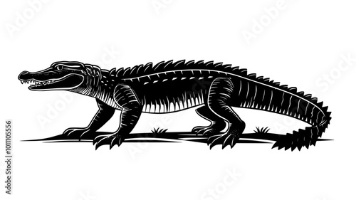 Crocodile on land in a high walk with belly off the ground, vector illustration art