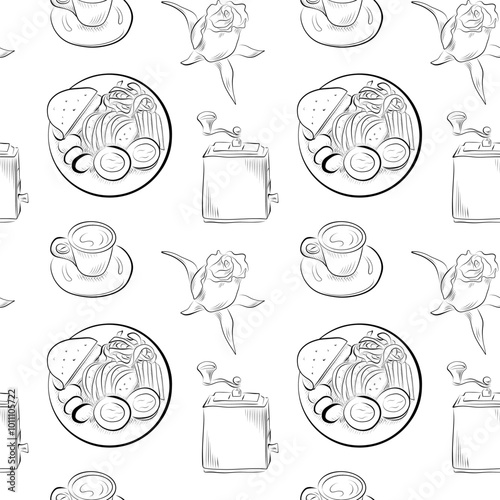 vector seamless pattern line art elements - food, cuisine