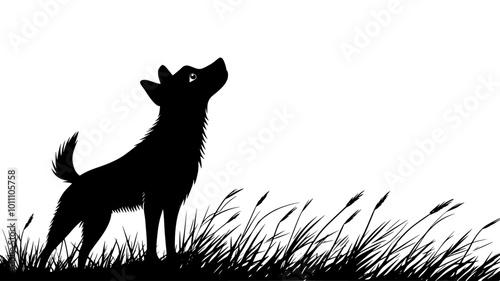 Dog standing at the edge of a trail, sniffing the air, looking around, vector illustration art