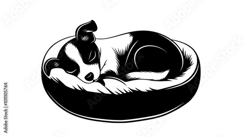 Dog curled up in round bed sleeping on floor, vector illustration art