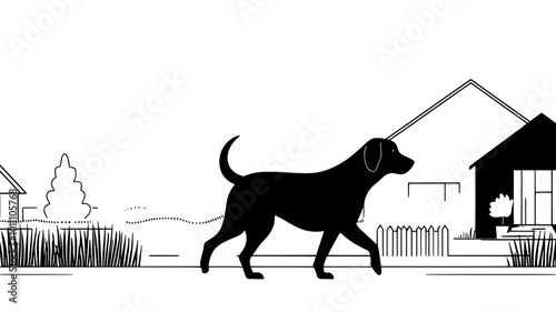Dog walking slowly along a quiet suburban street, tail swaying, vector illustration art
