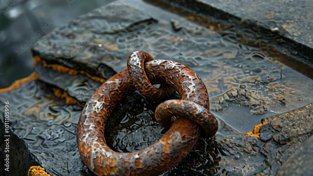 A rusty chain link sits on a wet, weathered dock A rusty chain link sits on a wet, weathered dock