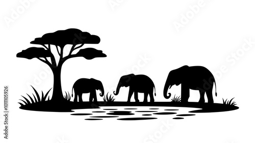 Elephants gather around a watering hole in the savanna, showcasing social bonds, vector illustration art