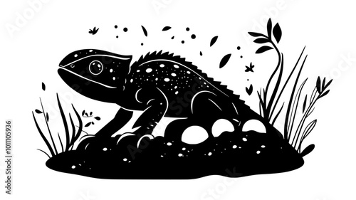 Female chameleon laying eggs in a hole dug in the ground, vector illustration art