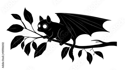 Fruit bat clinging to a tree branch with wings wrapped around, vector illustration art