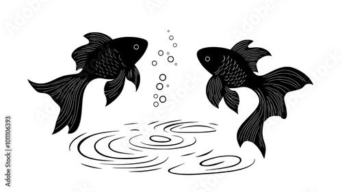Goldfish gulping air at the water surface of a pond, vector illustration art