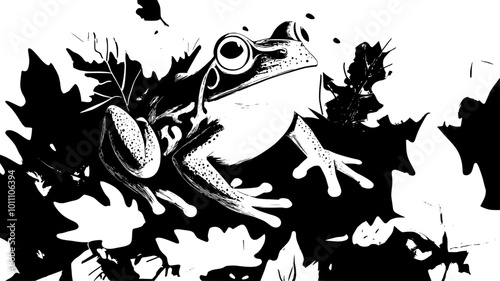 Frog camouflaged among leaves on forest floor, barely visible, vector illustration art