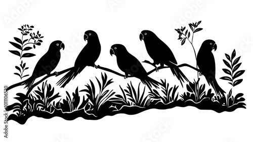 Group of parrots gathered at clay lick on riverbank, vector illustration art
