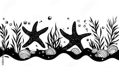 Group of starfish on the ocean floor among seaweed and shells, vector illustration art