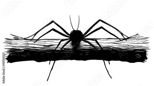 Harvestman resting on a tree trunk, legs extended but stationary, vector illustration art