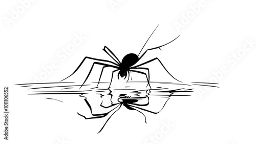 Harvestman walking across water surface with hydrophobic legs, vector illustration art