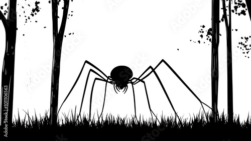 Harvestman walking across a forest floor, with long legs stretched out, vector illustration art