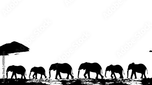 Herd of elephants crossing a dusty plain with mountains in the background, vector illustration art